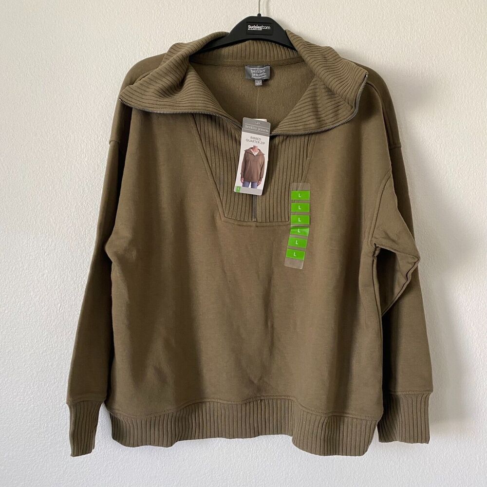 Berkley Jensen Women's Ribbed Quarter Zip‎ Pullover Dusky Green Size Large